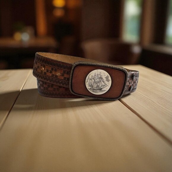 Vintage Scrimshaw 70s Ship Belt Buckle on Tooled Leather Western Belt USA - Picture 1 of 5